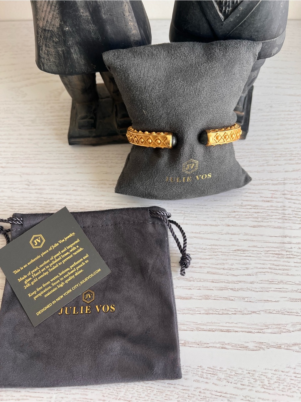 Julie Vos Gold-Tone Embossed Cuff Bracelet - Gold with dark gray stones